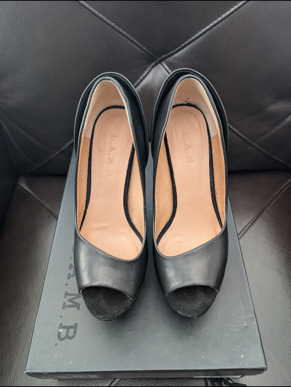 L.A.M.B. Black Open-Toe Leather Pumps